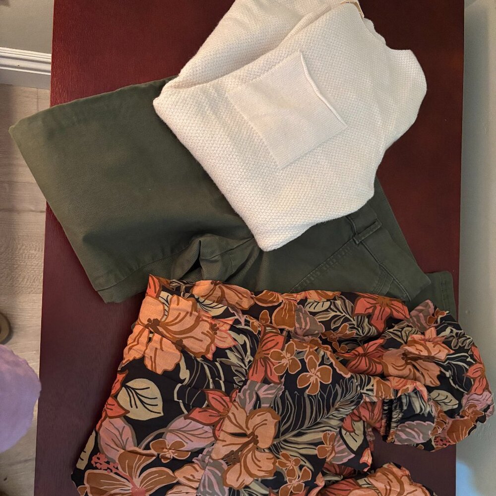 Dress, sweater, and pants